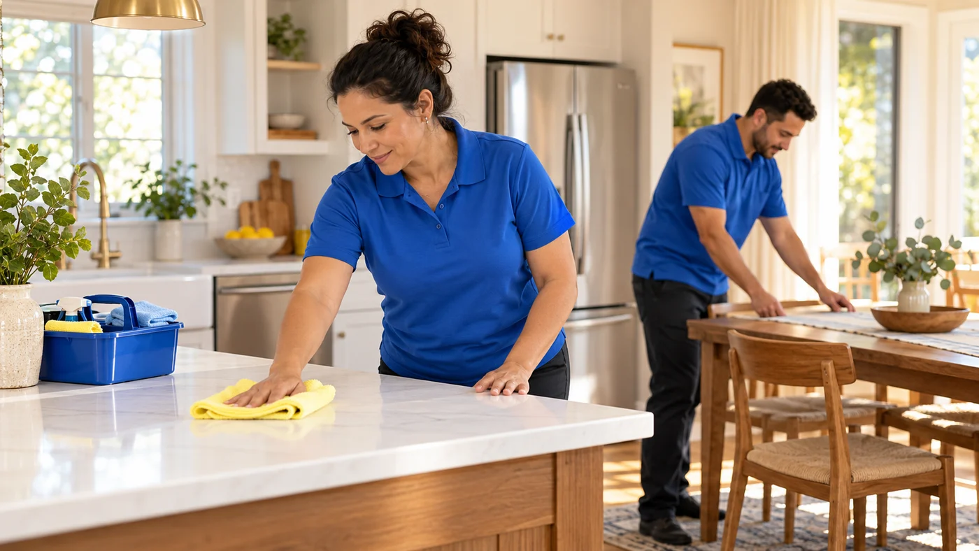 Two cleaning professionals carefully working together in a residential kitchen